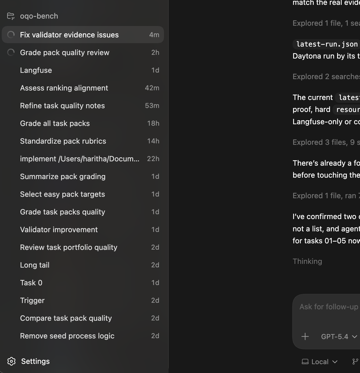 Codex app sidebar with agent progress indicators